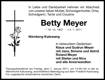 Traueranzeige von Betty Meyer von Nürnberger Nachrichten