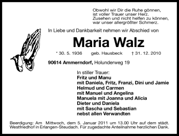 Traueranzeige von Maria Walz von Nürnberger Nachrichten