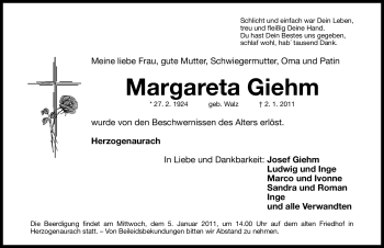 Traueranzeige von Margareta Giehm von Nürnberger Nachrichten