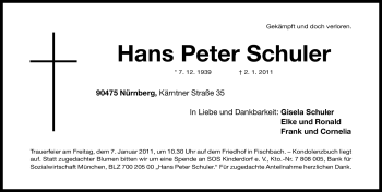 Traueranzeige von Hans Peter Schuler von Nürnberger Nachrichten