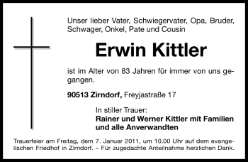 Traueranzeige von Erwin Kittler von Nürnberger Nachrichten