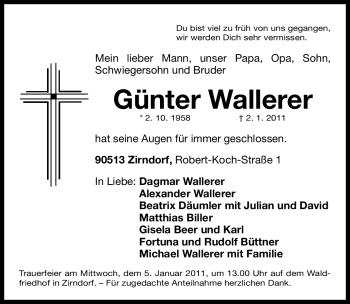 Traueranzeige von Günter Wallerer von Nürnberger Nachrichten