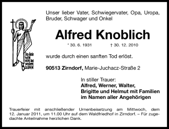 Traueranzeige von Alfred Knoblich von Nürnberger Nachrichten