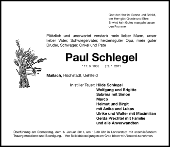 Traueranzeige von Paul Schlegel von Nürnberger Nachrichten