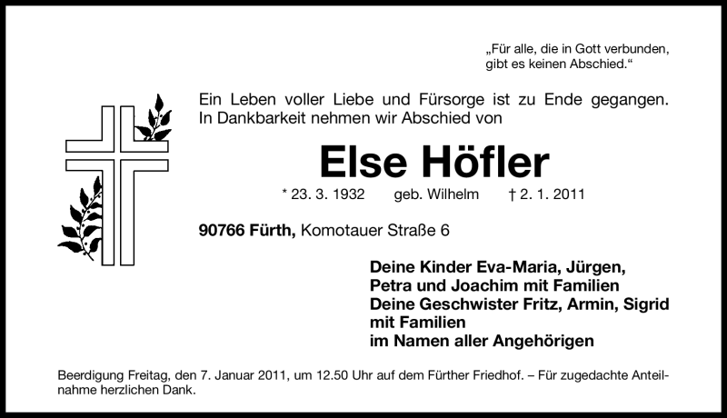  Traueranzeige für Else Höfler vom 04.01.2011 aus Nürnberger Nachrichten