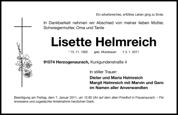 Traueranzeige von Lisette Helmreich von Nürnberger Nachrichten