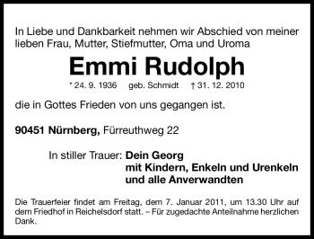 Traueranzeige von Emmi Rudolph von Nürnberger Nachrichten