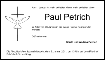 Traueranzeige von Paul Petrich von Nürnberger Nachrichten