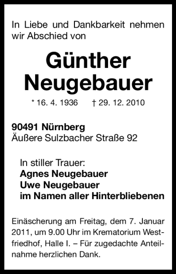 Traueranzeige von Günther Neugebauer von Nürnberger Nachrichten