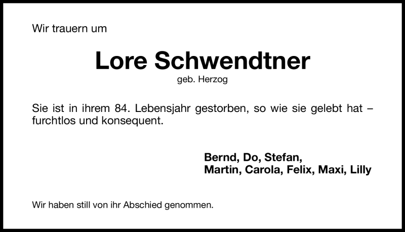  Traueranzeige für Lore Schwendtner vom 08.01.2011 aus Nürnberger Nachrichten