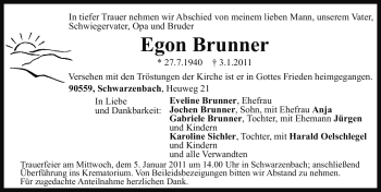 Traueranzeige von Egon Brunner von Nürnberger Nachrichten