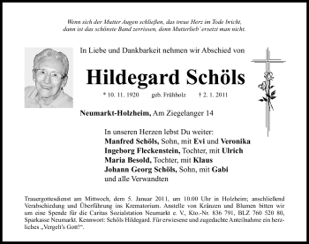 Traueranzeige von Hildegard Schöls von Nürnberger Nachrichten