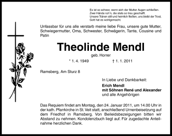 Traueranzeige von Theolinde Mendl von Nürnberger Nachrichten