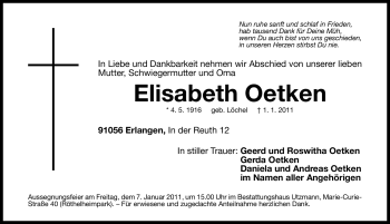 Traueranzeige von Elisabeth Oetken von Nürnberger Nachrichten