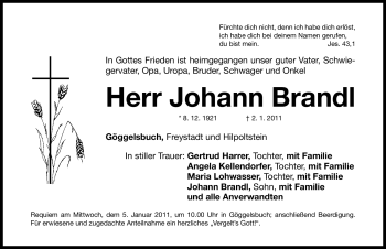 Traueranzeige von Johann Brandl von Nürnberger Nachrichten