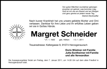 Traueranzeige von Margret Schneider von Nürnberger Nachrichten