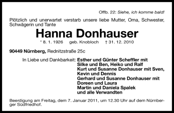 Traueranzeige von Hanna Donhauser von Nürnberger Nachrichten