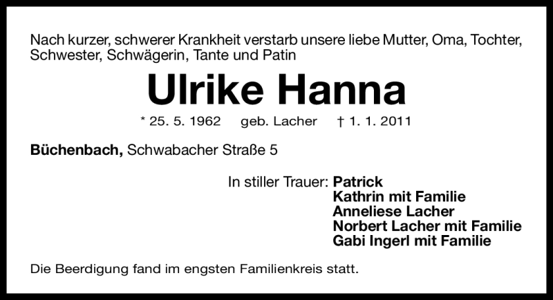  Traueranzeige für Ulrike Hanna vom 06.01.2011 aus Nürnberger Nachrichten