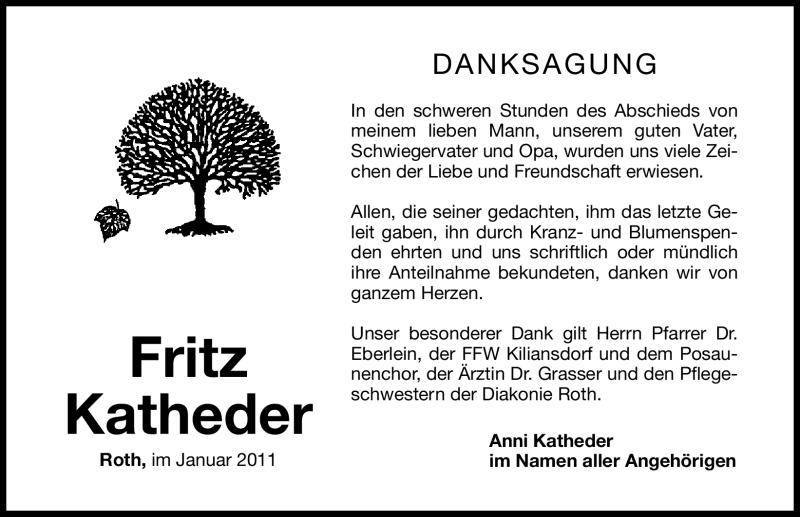  Traueranzeige für Fritz Katheder vom 08.01.2011 aus Nürnberger Nachrichten