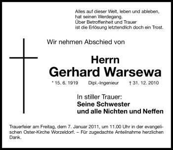 Traueranzeige von Gerhard Warsewa von Nürnberger Nachrichten