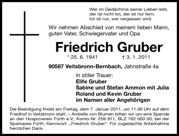 Traueranzeige von Friedrich Gruber von Nürnberger Nachrichten