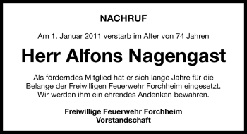 Traueranzeige von Alfons Nagengast von Nürnberger Nachrichten