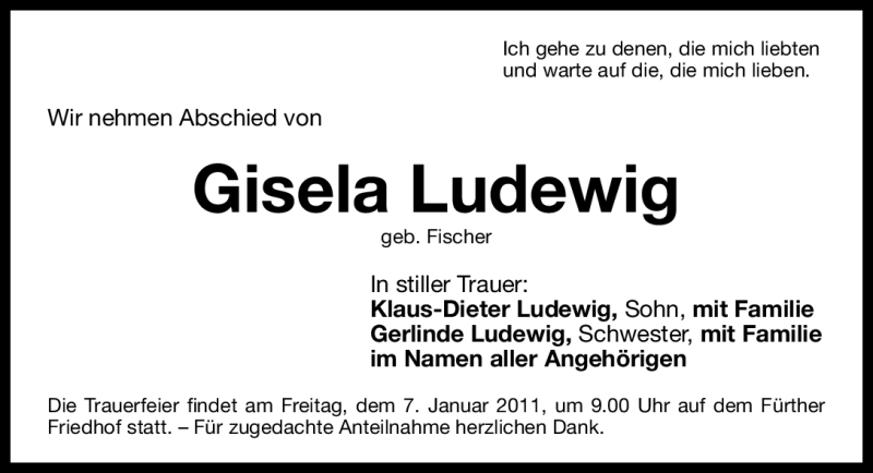  Traueranzeige für Gisela Ludewig vom 05.01.2011 aus Nürnberger Nachrichten