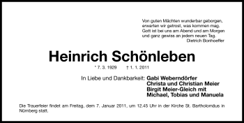 Traueranzeige von Heinrich Schönleben von Nürnberger Nachrichten