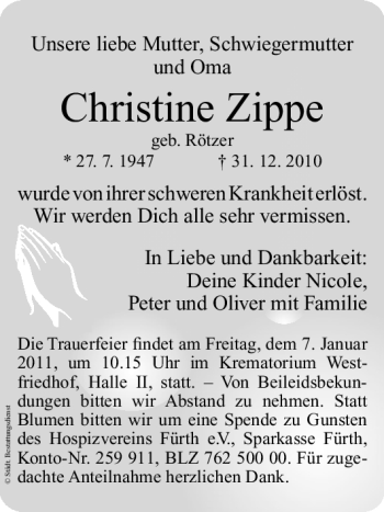 Traueranzeige von Christine Zippe von Nürnberger Nachrichten