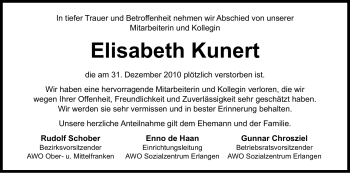 Traueranzeige von Elisabeth Kunert von Nürnberger Nachrichten