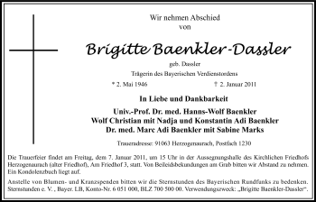 Traueranzeige von Brigitte Baenkler-Dassler von Nürnberger Nachrichten