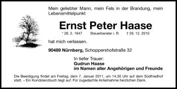 Traueranzeige von Ernst Peter Haase von Nürnberger Nachrichten