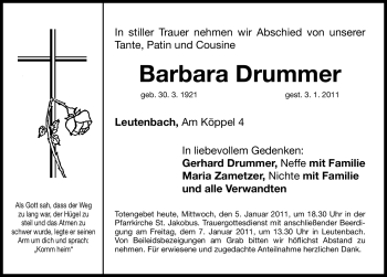 Traueranzeige von Barbara Drummer von Nürnberger Nachrichten