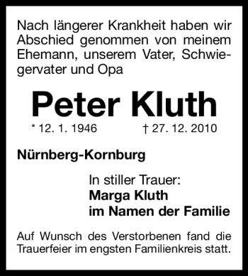 Traueranzeige von Peter Kluth von Nürnberger Nachrichten