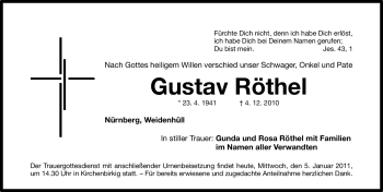 Traueranzeige von Gustav Röthel von Nürnberger Nachrichten