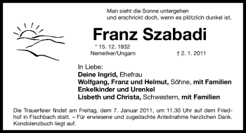 Traueranzeige von Franz Szabadi von Nürnberger Nachrichten