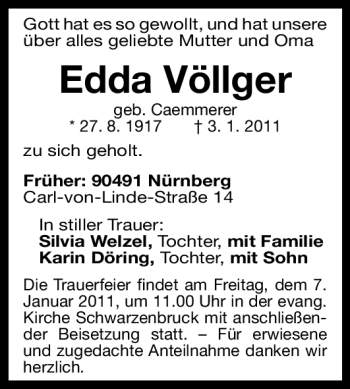 Traueranzeige von Edda Völlger von Nürnberger Nachrichten