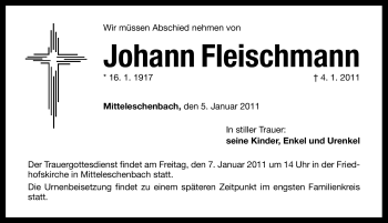 Traueranzeige von Johann Fleischmann von Nürnberger Nachrichten