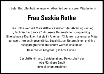 Traueranzeige von Saskia Rothe von Nürnberger Nachrichten