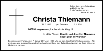 Traueranzeige von Christa Thiemann von Nürnberger Nachrichten