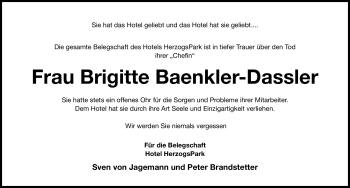 Traueranzeige von Brigitte Baenkler-Dassler von Nürnberger Nachrichten