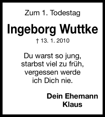 Traueranzeige von Ingeborg Wuttke von Nürnberger Nachrichten