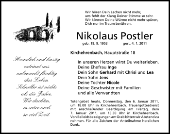Traueranzeige von Nikolaus Postler von Nürnberger Nachrichten