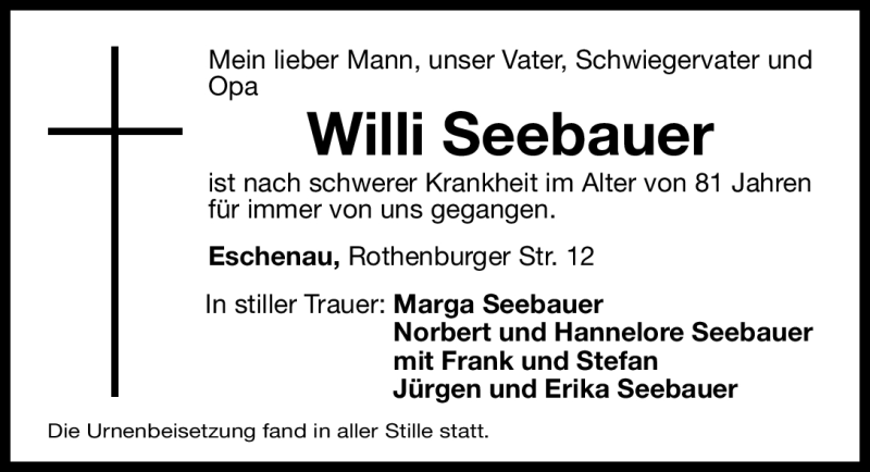  Traueranzeige für Willi Seebauer vom 08.01.2011 aus Nürnberger Nachrichten