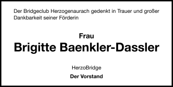 Traueranzeige von Brigitte Baenkler-Dassler von Nürnberger Nachrichten