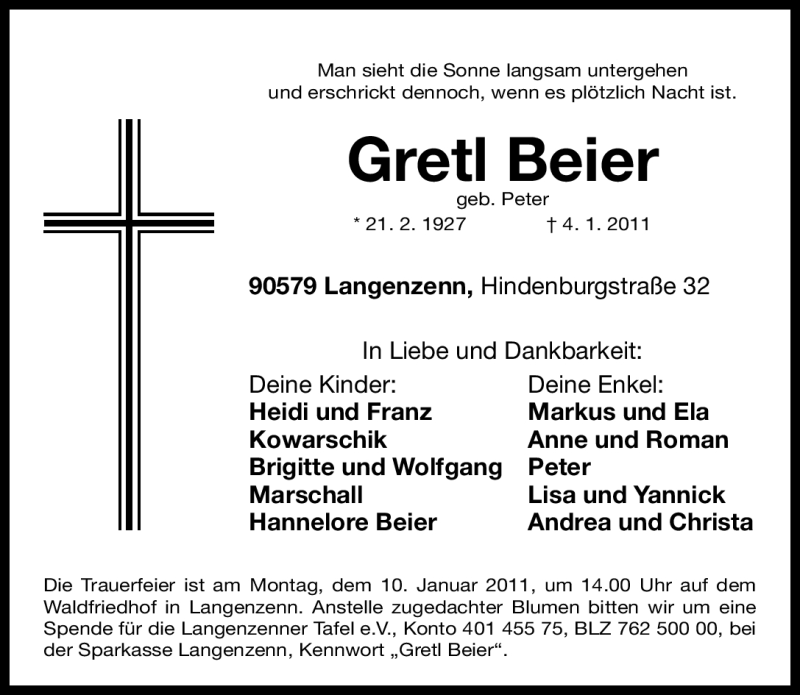  Traueranzeige für Gretl Beier vom 06.01.2011 aus Nürnberger Nachrichten