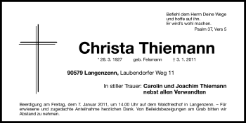 Traueranzeige von Christa Thiemann von Nürnberger Nachrichten