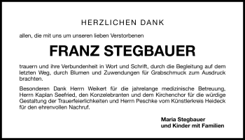 Traueranzeige von Franz Stegbauer von Nürnberger Nachrichten