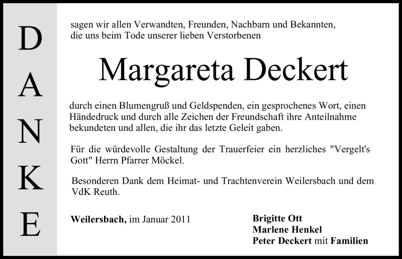  Traueranzeige für Margareta Deckert vom 08.01.2011 aus Nürnberger Nachrichten