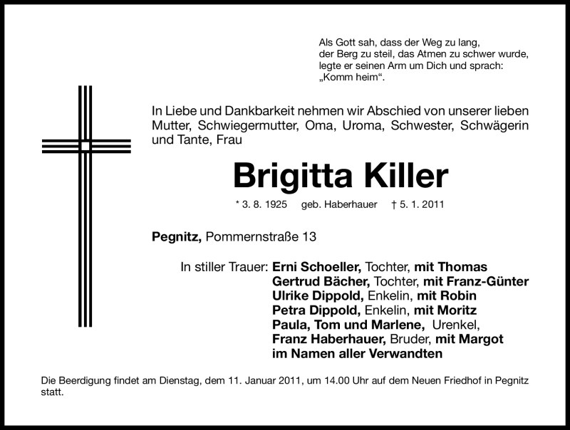  Traueranzeige für Brigitta Killer vom 08.01.2011 aus Nürnberger Nachrichten